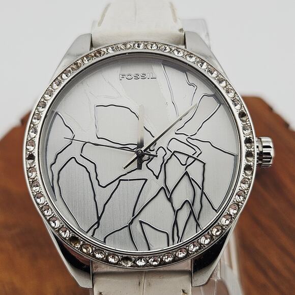 Fossil Women's Cracked Floral Crystal Dial Watch Silver Tone White Leather Band - Picture 2 of 9